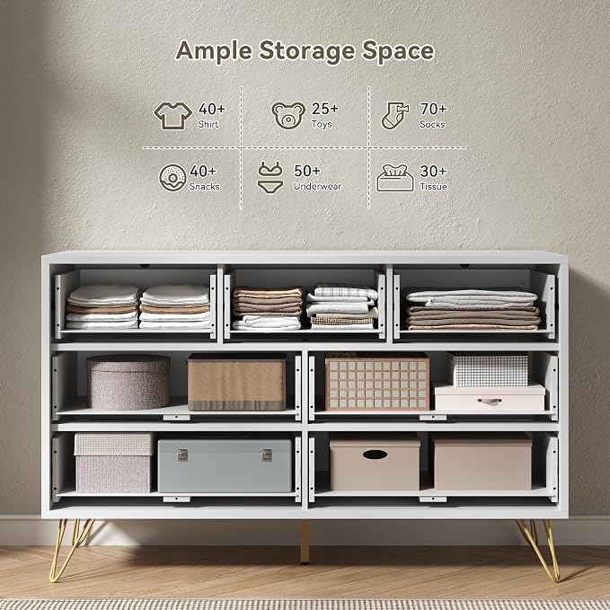 White Dresser for Bedroom, 7 Drawers Dresser with Golden Handles, Modern Wood Chest for Living Room, Hallway, Entryway