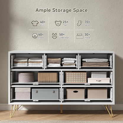 White Dresser for Bedroom, 7 Drawers Dresser with Golden Handles, Modern Wood Chest for Living Room, Hallway, Entryway