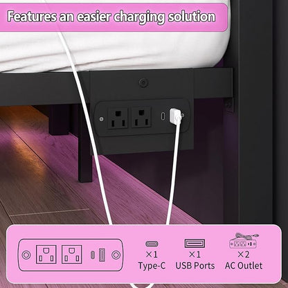 CLIBFENG Queen Size Bed Frame with Headboard and Footboard,Steel Slats Support-LED Bed Frame with USB Charging Station,Mattress Foundation-Under Bed Storage,No Box Spring Needed,Noise Free,Black