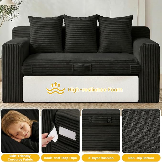 Boneless Couch,3 Seater Boneless Couch Bed – 3-in-1 Convertible Sleeper Sofa with Side Pockets & Handle,Pull Out Corduroy Futon for Small Space,Living Room & Bedroom,3 Pillows Included,No Assembly