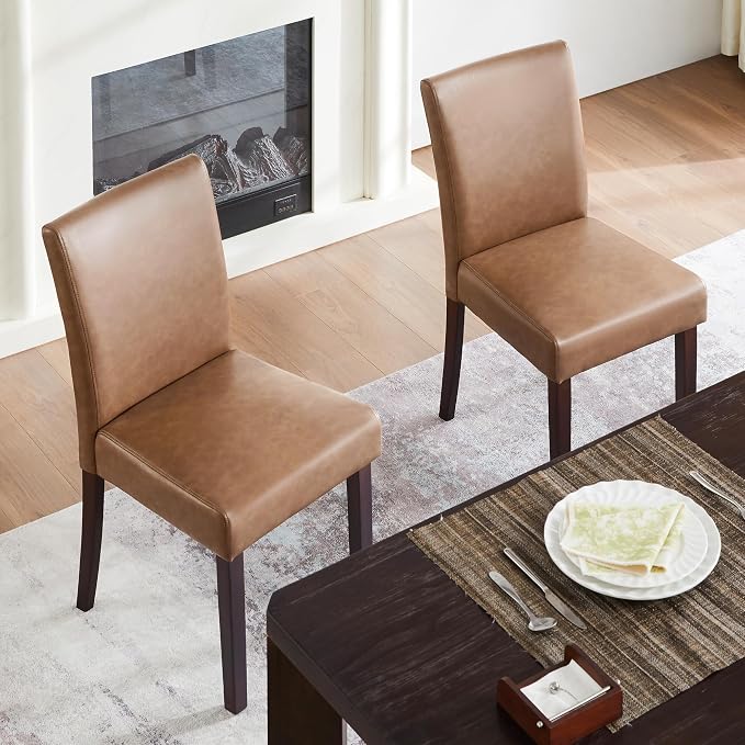 Watson & Whitely Upholstered Dining Chairs, Faux Leather, Set of 4, Brown | Solid Wood Legs, Padded Seat, Low Back, Modern Armless Parsons Chair for Kitchen, Dining Room, Restaurant