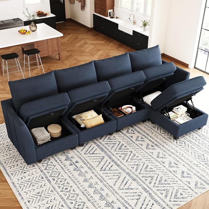 Belffin Modular Sectional Sofa Couch with Reversible Chaise Velvet L Shaped Storage 4-seat Convertible Blue