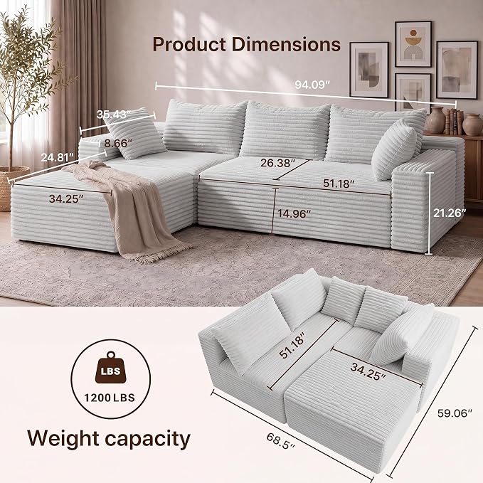 Claiks 94" Boneless Couch, Cloud Couch Sectional, L-Shape Corduroy Modular Sectional Sofa Deep Seat, Upholstered Couches for Living Room, No Assembly Required, Light Grey