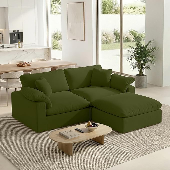 L-Shaped Modular Cloud Sectional Sofa,2-Seater with Chaise,Modern Down Filled Detachable Couch for Living Room,Office & Small Apartment,Green