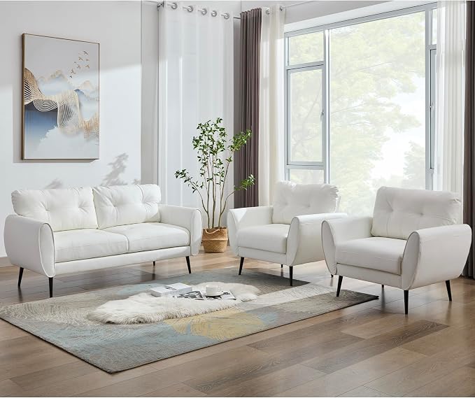 TYBOATLE Sofa Couch 61" Small Loveseat Couches for Living Room Leather Couch Mid Century Modern Tufted Mini Sofa Comfy Office 2 Seat Settee Love Seat for Small Spaces Bedroom (3, White)
