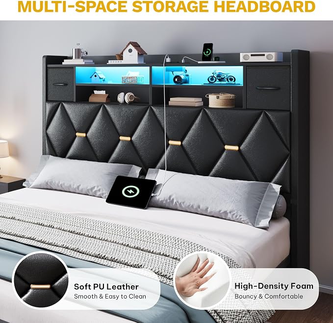 YITAHOME Full Size Bed Frame with 2 Storage Drawers and Storage Headboard, Upholstered Platform with Charging Station and LED Light, No Box Spring Needed, Noise Free, Easy Assembly, PU Leather Black