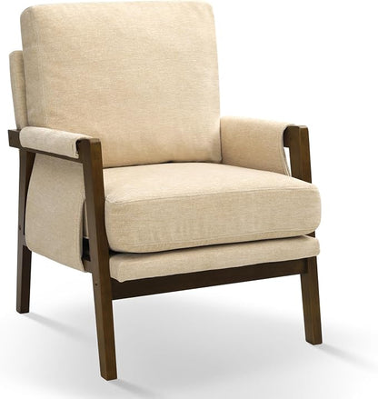 RNKSFX Beige Accent Chair for Bedroom & Living Room, Mid Century Modern Accent Arm Chair, Upholstered Anthropologie Accent Chair with Solid Wood Frame, Fabric