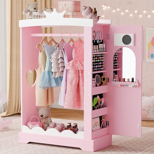 Xilingol Kids Armoire with Jewelry Cabinet, Dress up Storage with Mirror, Princess Dress Closet and Costumes Wardrobe Closet, Costume Organizer for Bedroom, Kids Room, Girls (Pink)