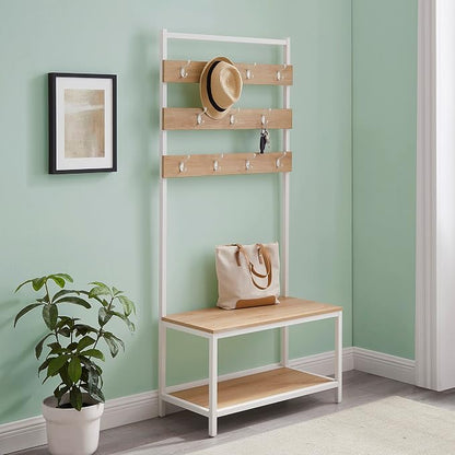 Linon Shaymus White Metal Hall Tree with Natural Wooden Topped Bench and Shelf with Multiple Hanging Hooks
