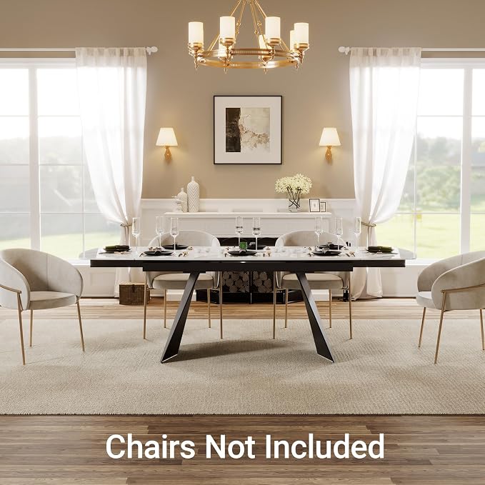 Honyee Extendable Dining Table with Leaf, 65 to 95 Inch Rectangular Sintered Stone, Modern Large Dining Room Table Seats 6 8 10 12, Metal Base, Marble Look for Family Gatherings
