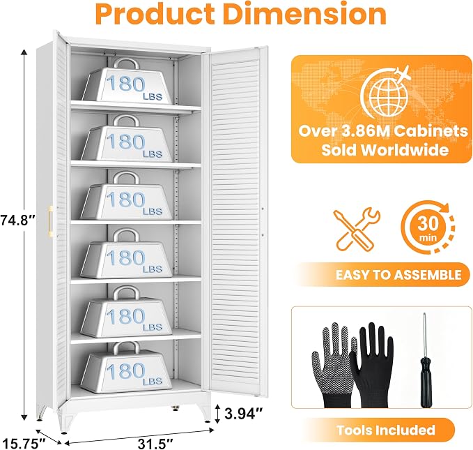 75" Metal Pantry Cabinet,Kitchen Storage Cabinet with Shelves | Louvered Metal Storage Cabinet,Adjustable Shelves,Gold Handles,Leveling Feet,Anti-tipping,for Garage/Kitchen White