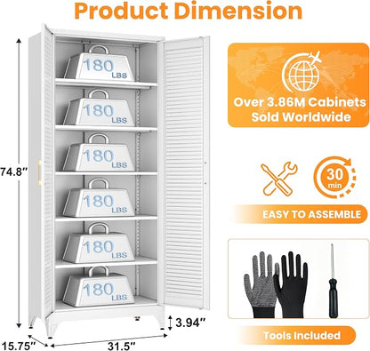 75" Metal Pantry Cabinet,Kitchen Storage Cabinet with Shelves | Louvered Metal Storage Cabinet,Adjustable Shelves,Gold Handles,Leveling Feet,Anti-tipping,for Garage/Kitchen White