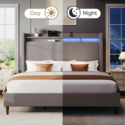 King Bed Frame with 55.3" Tall Headboard, Corduroy Upholstered Platform Bed with LED Lights & Charging Station, Wingback Storage Headboard, Solid Wood Slats,Noise Free,No Box Spring Needed,Gray Brown