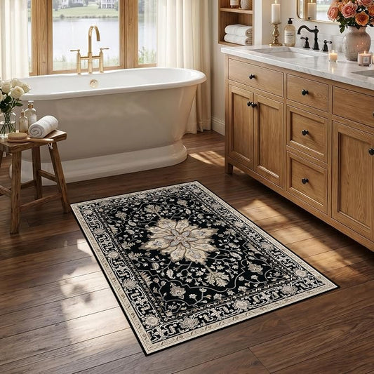 RELEANY Area Rugs Small 2'6"x4' Washable Non-Slip, Floral Vintage Distress Medallion Carpet for Kitchen Entryway Bathroom, Black Brown Neutral Dark Tan