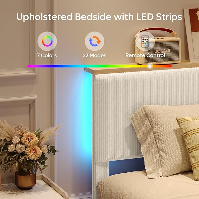 Bestier Queen Bed Frame with Adjustable Headboard & LED Lighting, Corduroy Upholstered Platform Bed Frame with Storage Shelf, Solid Wood Slats, No Box Spring Needed,Never Squeak, Easy Assembly, Beige