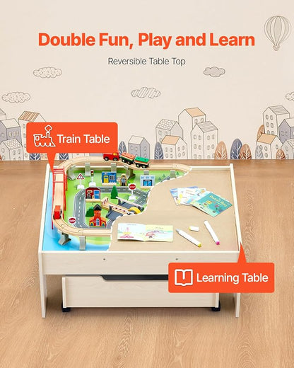 VEVOR Train Table, 100 Multicolor Pieces Wooden Kids Activity Table with Rolling Storage Drawer, 3-in-1 Wooden Train Set for Gaming, Drawing, Reading, Eating, Creative Toy Set for Kids Ages 3+