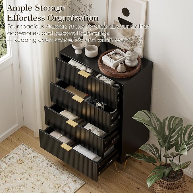 Masupu 4 Drawer Dresser, Drawer Chest, Tall Storage Chest Cabinet Organizer Unit with Metal Legs, Small Dresser for Bedroom, Living Room, Closet, Hallway Black Stripe