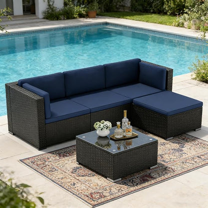 SUNCROWN 5-Piece Outdoor Patio Furniture Set, All-Weather PE Rattan Sectional Sofa with Ottoman, Glass Coffee Table & Cushions, Modular Wicker Conversation Set for Backyard, Garden, Porch, Dark Blue