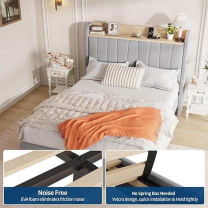 Garvee Queen Size Platform Bed Frame with Upholstered Storage Headboard, Built-in Charging Station, Metal Drawers, Wooden Slats, Sturdy and Noise-Free, Modern Bedroom Furniture - Twin, Light Gray