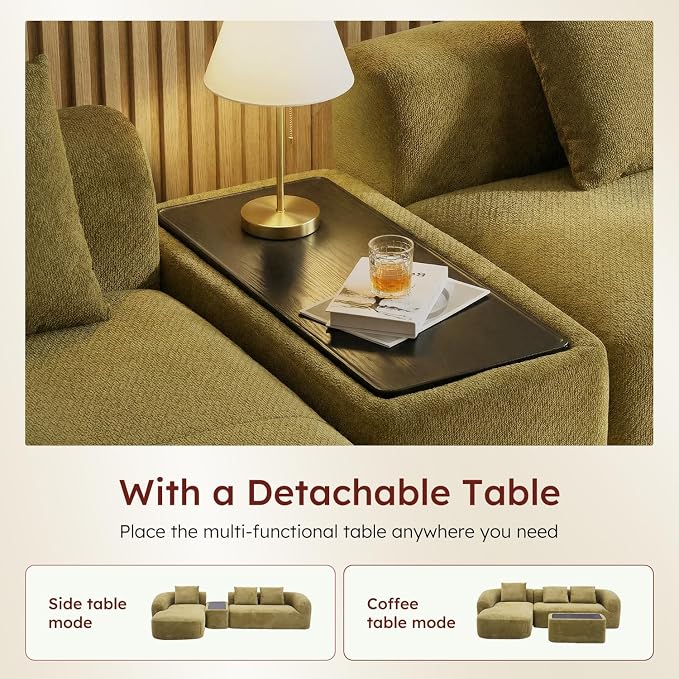 Relefree 136" Curved Modular Sectional Sofa, Boneless Couch with Movable Coffee Table, High-Resilience Foam, Couches for Living Room, Oversized, Chenille, Cloud Comfort, Thick Backrest Green