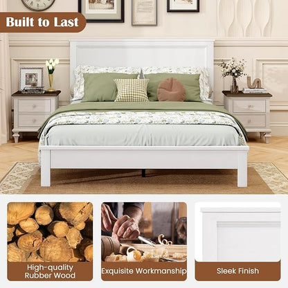 GOFLAME Queen Size Wood Bed Frame, Mid-Century Modern Platform Bed with Headboard, Solid Wood Legs, Mattress Foundation with 12 Wooden Slats, No Box Spring Needed, White