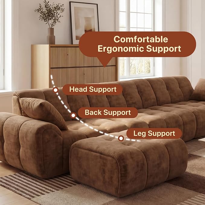Claiks 118" Modern Boneless Couch, Corduroy Modular Cloud Sofa for Living Room, Deep Seat Sectional with Movable Ottoman, No Assembly Required, Brwon