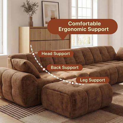 Claiks 118" Modern Boneless Couch, Corduroy Modular Cloud Sofa for Living Room, Deep Seat Sectional with Movable Ottoman, No Assembly Required, Brwon