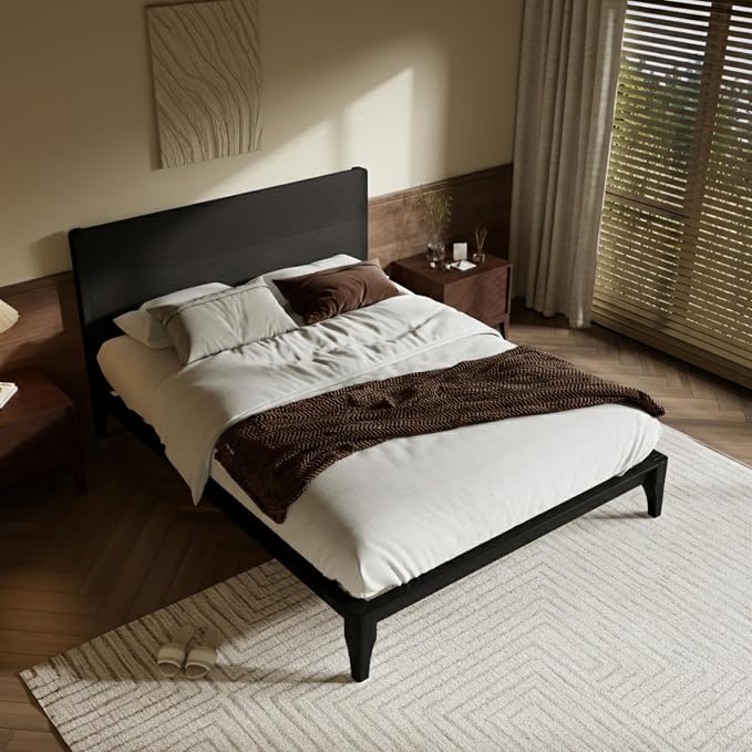 Merax King Size Bamboo Platform Bed, Mid-Century Modern Bed Frame with Tall Headboard, Solid Sustainable Bedframe King-Size, Wood Slat Support, No Box Spring Needed, Easy Assembly, Noise Free, Black