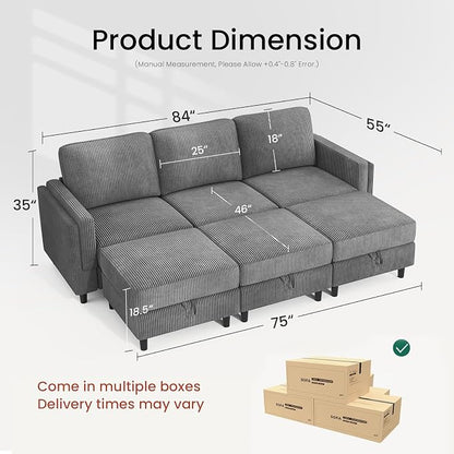 KKL 6 Seaters Sofa Bed for Living Room - Sofa Couch with Storage Ottoman, Convertible L/U-Shaped Sleeper Couch for Living Room, Modern Reversible Design, Grey
