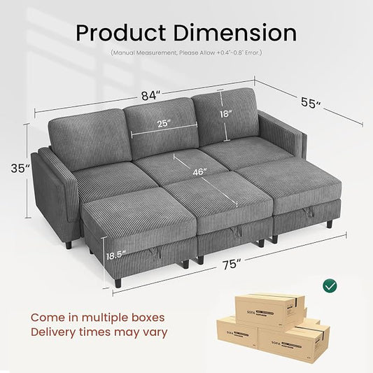 KKL 6 Seaters Sofa Bed for Living Room - Sofa Couch with Storage Ottoman, Convertible L/U-Shaped Sleeper Couch for Living Room, Modern Reversible Design, Grey