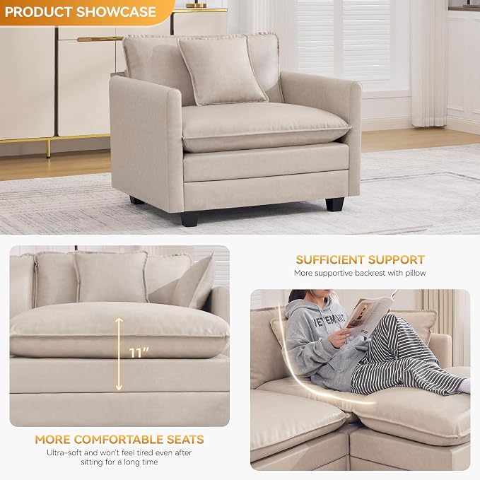 WUTUTUEE 41'' Modern Leather Oversized Chair, Upholstered Accent Living Room Chair with Extra Thicked Deep Seat, Single Lounge Chair for Bedroom, Small Apartment, Leather Beige