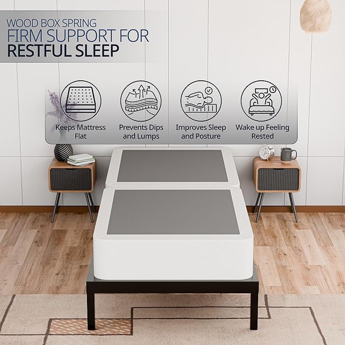 Nutan, 8-Inch Sturdy Wood Box Spring for Mattress Support - Durable and Fully Assembled, Natural Wood Foundation for Twin, White