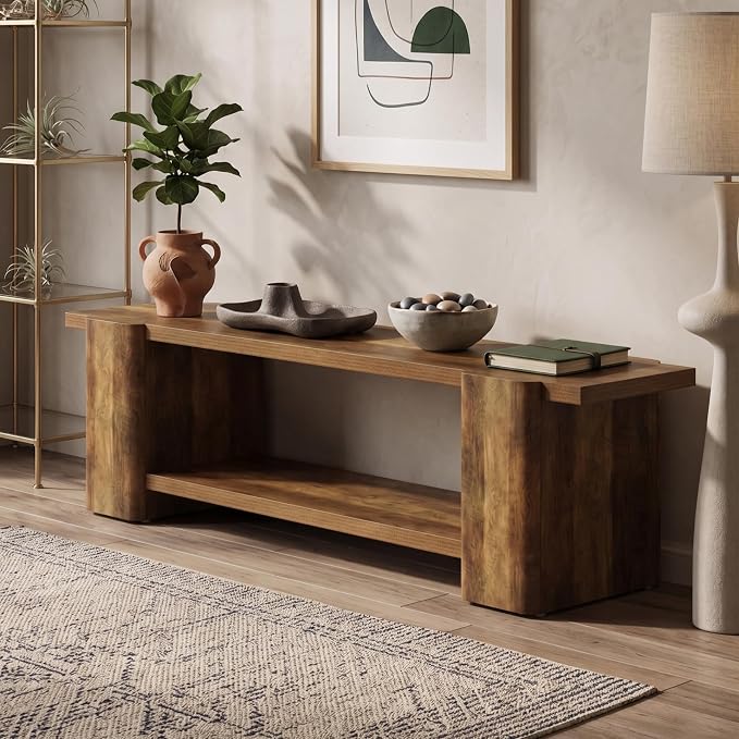 LITTLE TREE Entryway Bench, 63" Long Bench with Storage Shelf, Farmhouse End of Bed Bench, Bench for Bedroom, Dining Room, Living Room, Entryway, Hallway, Reinforced Legs, Brown
