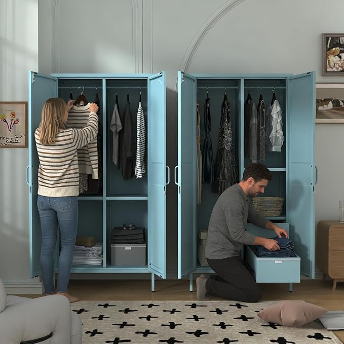 67" Industrial Lockable Metal 2-Door Wardrobe Storage Cabinet with Hanging Rod & Adjustable Shelves, Heavy Duty Multipurpose for Bedroom, Garage, Home Office, Blue 67" H X 31.5" W X 18.1" D