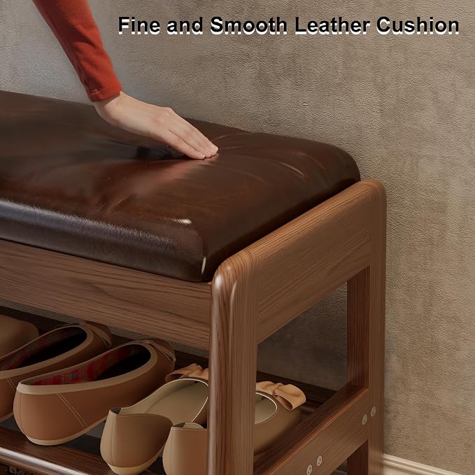 AQIMUELE Shoe Rack Bench,2 Tiers Shoe Bench with Storage with Flip-Top,Wood Shoe Rack for Entryway,Hallway（Dark Walnut Upholstered Seat,11.8" D x 23.62" W x 15.7" H）