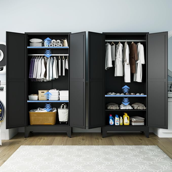 71 "H Wardrobe Closet with Doors, Metal Wardrobe Cabinet with 2 Doors and 2 Adjustable Shelves, Armoire Wardrobes Closet with Hanging Rod, Closets for Bedroom, Laundry Room, Black