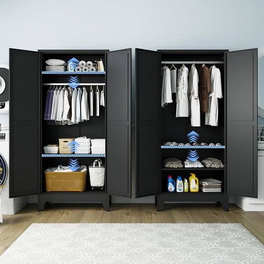 71 "H Wardrobe Closet with Doors, Metal Wardrobe Cabinet with 2 Doors and 2 Adjustable Shelves, Armoire Wardrobes Closet with Hanging Rod, Closets for Bedroom, Laundry Room, Black