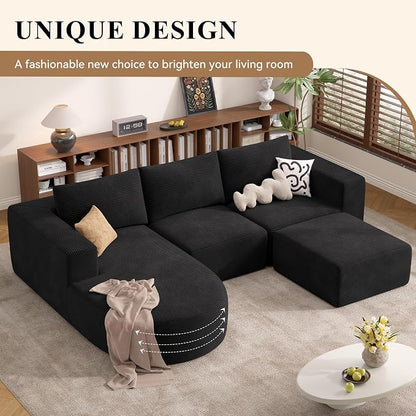 Boneless Couches for Living Room with Chaise,104" Modular Sectional Sofa with Convertible Ottoman,Cozy Cloud Couch with U-Shaped,Sponge Compression Sofas in a Box,No Assembly Required(Black) 1pcs