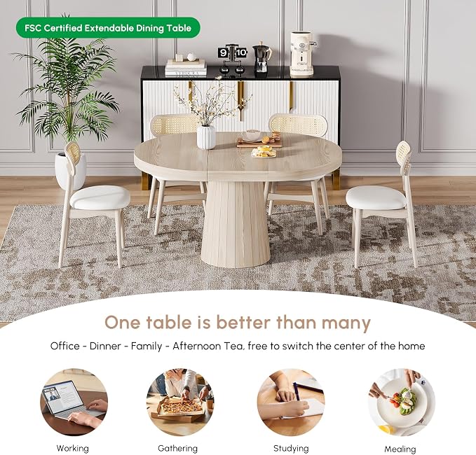 homary Extendable Dining Table for 6,Round to Oval 39"-55", Solid Wood Kitchen Table, Space-Saving Design for Small Spaces & Family Gatherings