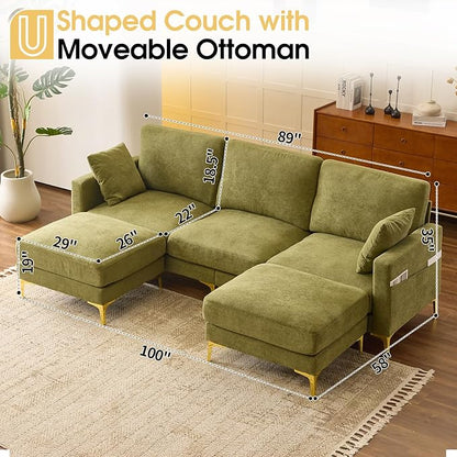 VINGLI 100" W U Shaped Couch with Ottoman, 22" Deep Seat Comfortable Sectional Couches for Living Room, 3 Seater Chenille Fabric Cloud Sofa for Apartment, Small Spaces, Bedroom, Green