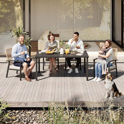 Aoxun 5-Piece Patio Table and Chairs Set for 4 with Umbrella Hole, Outdoor Dining Set with 6 Wicker Chairs and 1 Rectangular Metal Table, Patio Dining Sets with Soft Cushion for Backyard, Garden