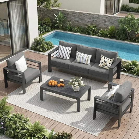 Solaste Aluminum Outdoor Patio Furniture Set, 5 Seats Patio Sectional Sofa with 5" Thick Cushion, Outdoor Patio Set with Coffee Table for Porch, Yard, Backyard, Deck, Grey