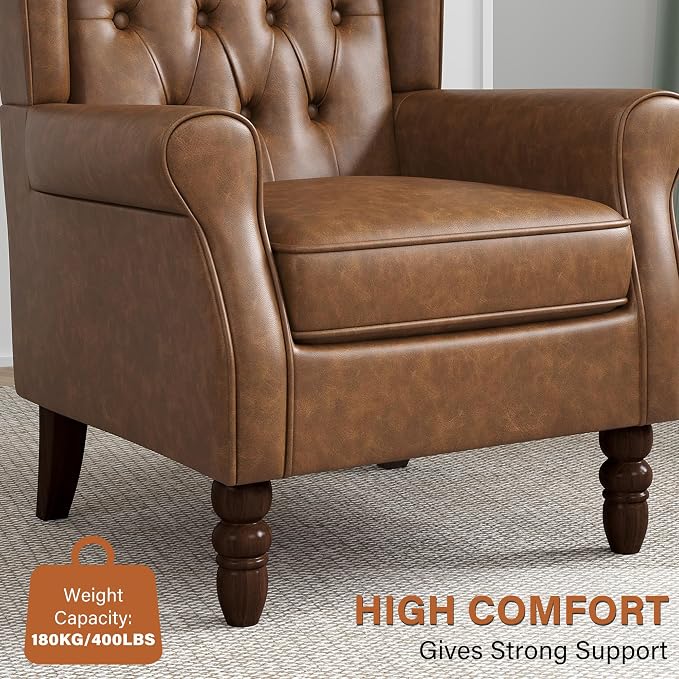 High Back Accent Chair, Faux Leather High Wingback Chair for Living Room, Button-Tufted Upholstered Armchair with Solid Wood Legs, Comfy Single Sofa Reading Chair for Bedroom, Brown