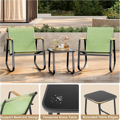 Ahomly 3 Pieces Patio Furniture Set Textilene Fabric Outdoor Patio Rocking Bistro Set with Wooden Armrests and Coffee Table for Lawn, Porch, Balcony, Poolside, Green