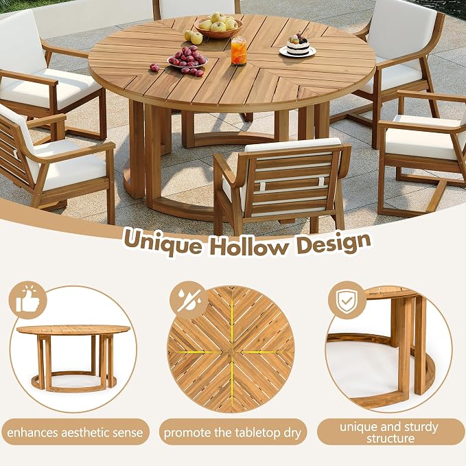 Quarte 7-Piece Patio Dining Table Set, Round Dining Table with 1.96" Umbrella Hole, Outdoor Wooden Patio Furniture Set for Garden, Backyard and Pools (Light Teak-7)