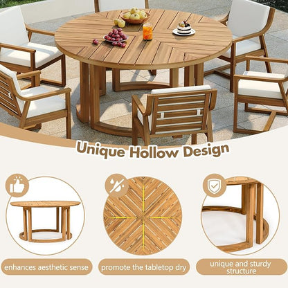 Quarte 7-Piece Patio Dining Table Set, Round Dining Table with 1.96" Umbrella Hole, Outdoor Wooden Patio Furniture Set for Garden, Backyard and Pools (Light Teak-7)