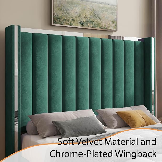 Jocisland Bed Frame with 58" Tall Headboard, Platform Velvet Upholstered Bed with Channel Tufted Wingback Headboard and Plating Trim, No Box Spring Needed (Green, King (U.S. Standard))