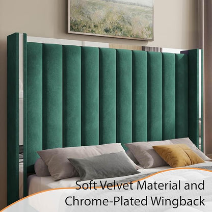Jocisland Bed Frame with 58" Tall Headboard, Platform Velvet Upholstered Bed with Channel Tufted Wingback Headboard and Plating Trim, No Box Spring Needed (Green, King (U.S. Standard))