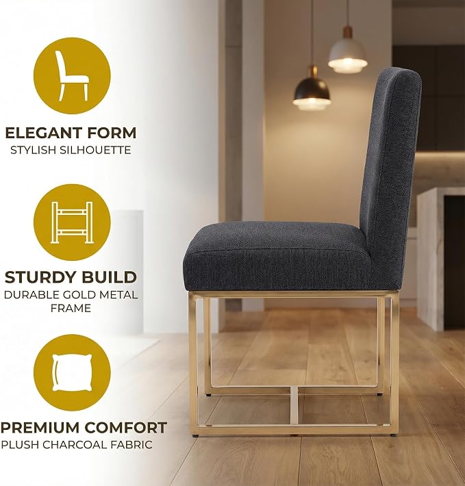 VESCASA Linen Upholstered Dining Chairs Set of 4, Mid Century Modern Padded Chair with Gold Metal Frame for Restaurant, Dining Room, Kitchen, Charcoal
