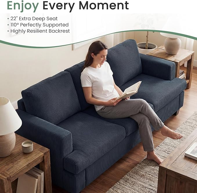 YOUDENOVA Sofa Couch, 3 Piece Set Comfy Sofa, 2 Loveseat & 3 Seater Sofa with Deep Seats for Living Room, Modern Sleeper Couch, Blue Corduroy